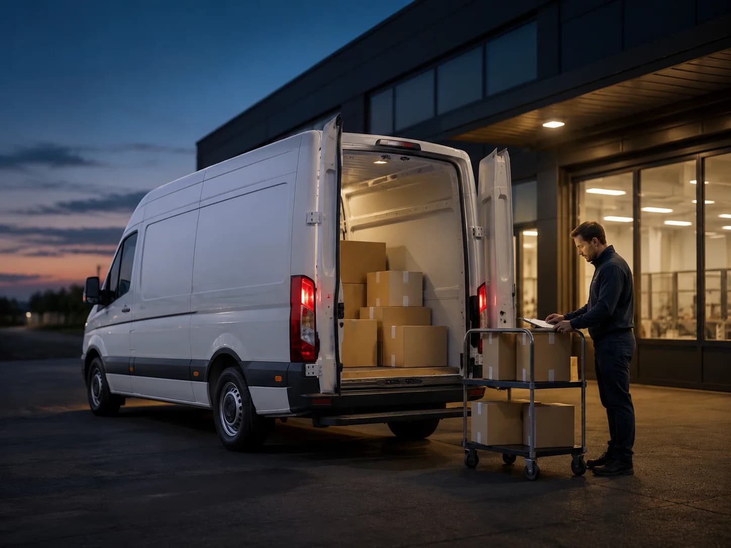 Overnight express courier van ready for planned delivery